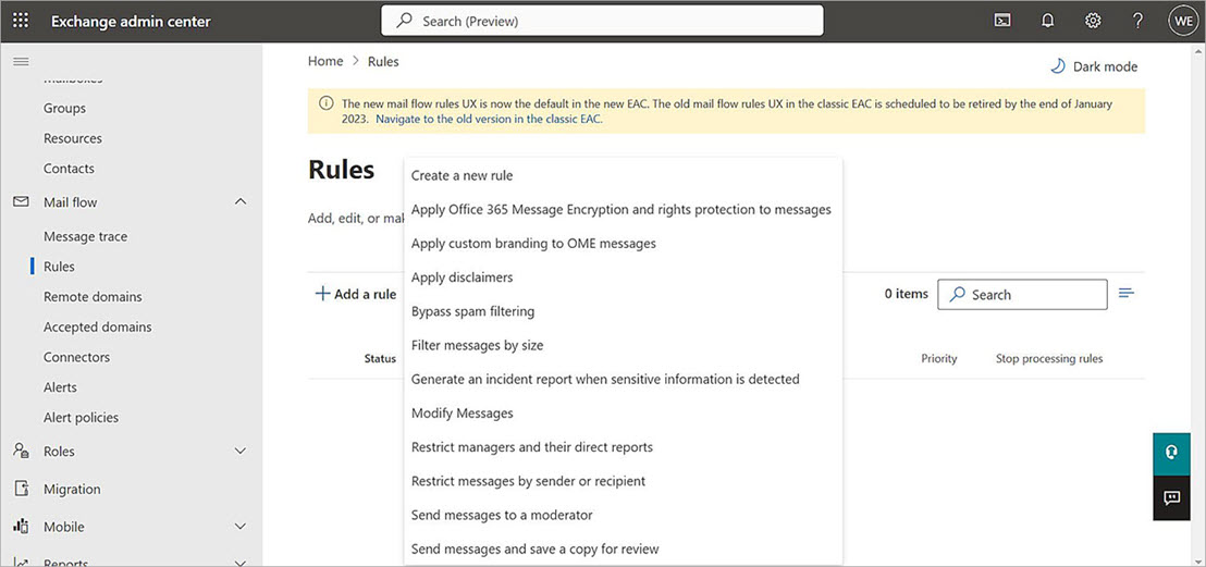 Screenshot of the Microsoft 365 configuration Mail Flow Rules page